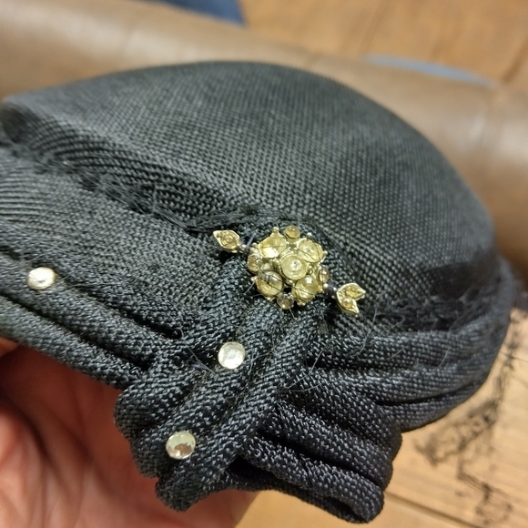 Women's Vintage Black Pill Box Hat with Sparkly Rhinstones - Picture 5 of 9